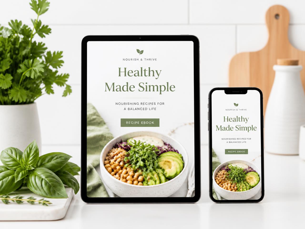 eBook de receitas saudáveis aberto em tablet e telemóvel