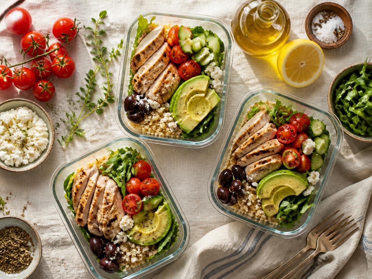 Refeições saudáveis preparadas com frango grelhado, abacate e legumes frescos