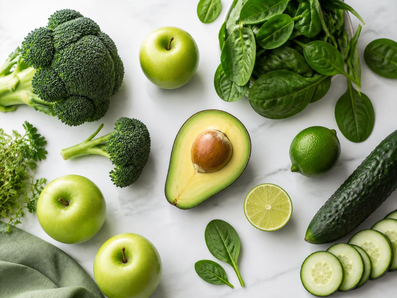 Legumes e frutas verdes frescas sobre mármore branco